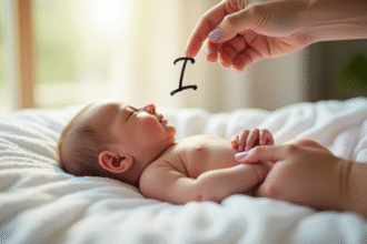 Bébé endormi sur une couverture blanche avec un parent écrivant la lettre I
