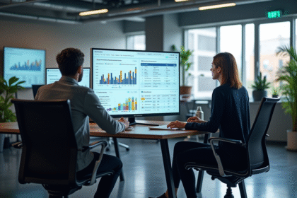 Bureau moderne avec équipe analysant un tableau digital ERP