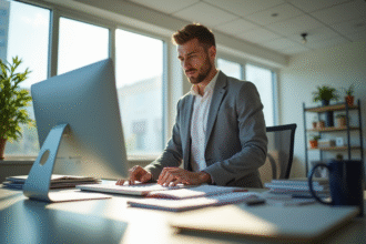 Employe de bureau organisant des dossiers lumineux