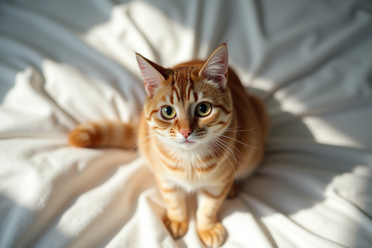 Gros plan d’un chat hypoallergenique sur un lit blanc en lumière naturelle