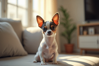 Chihuahua attentif sur un canapé lumineux dans un salon moderne