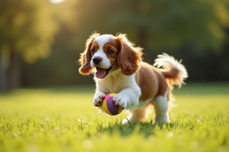 Jeune chiot cocker spaniel jouant avec une balle colorée dans un parc
