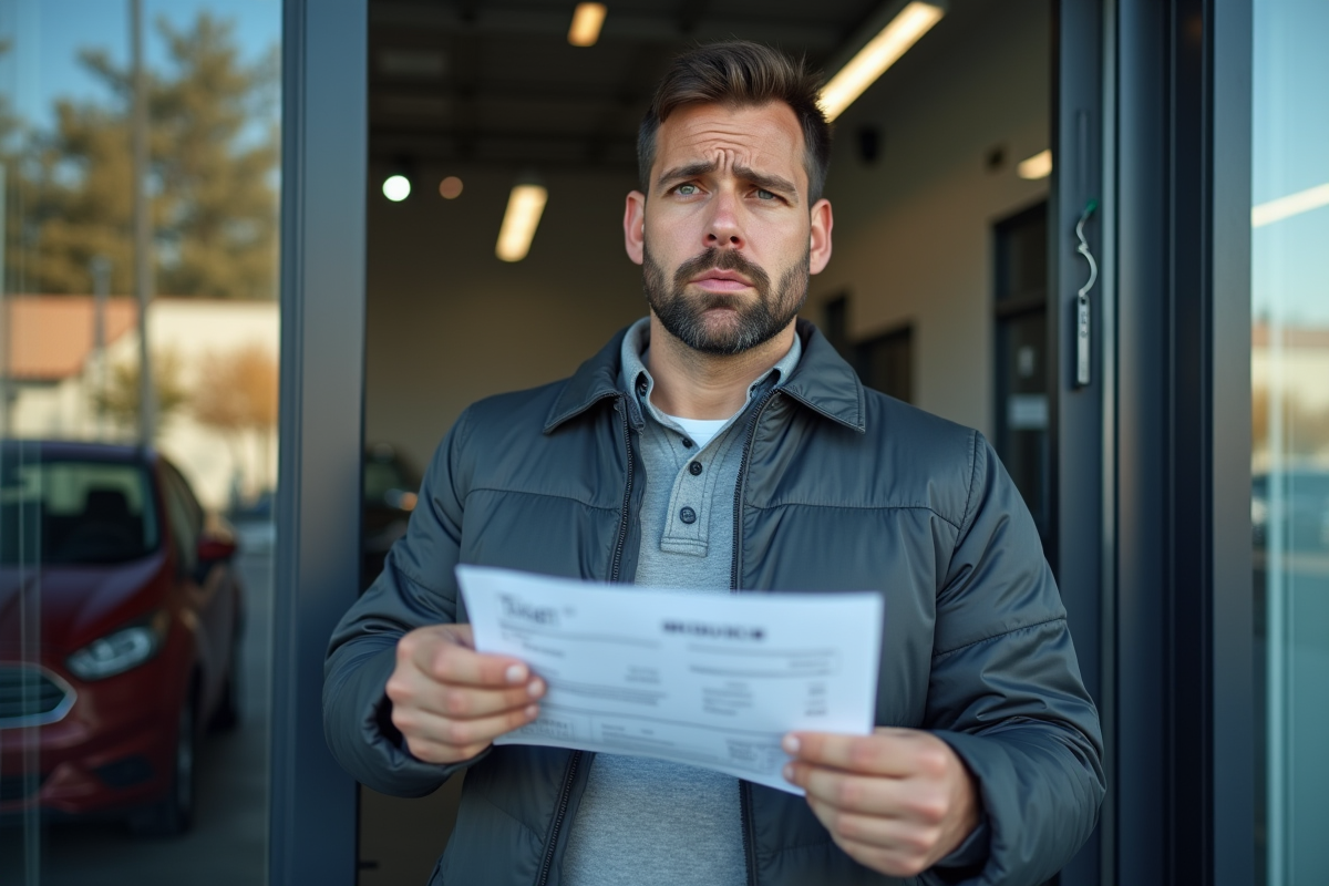 Conducteur inquiet tenant une facture devant un centre de controle