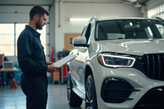 Mecanicien vérifiant une checklist dans un garage lumineux