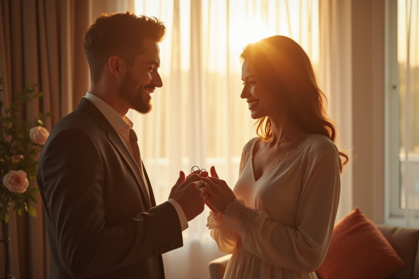 Couple élégant échangeant des bagues en étain dans un salon ensoleille
