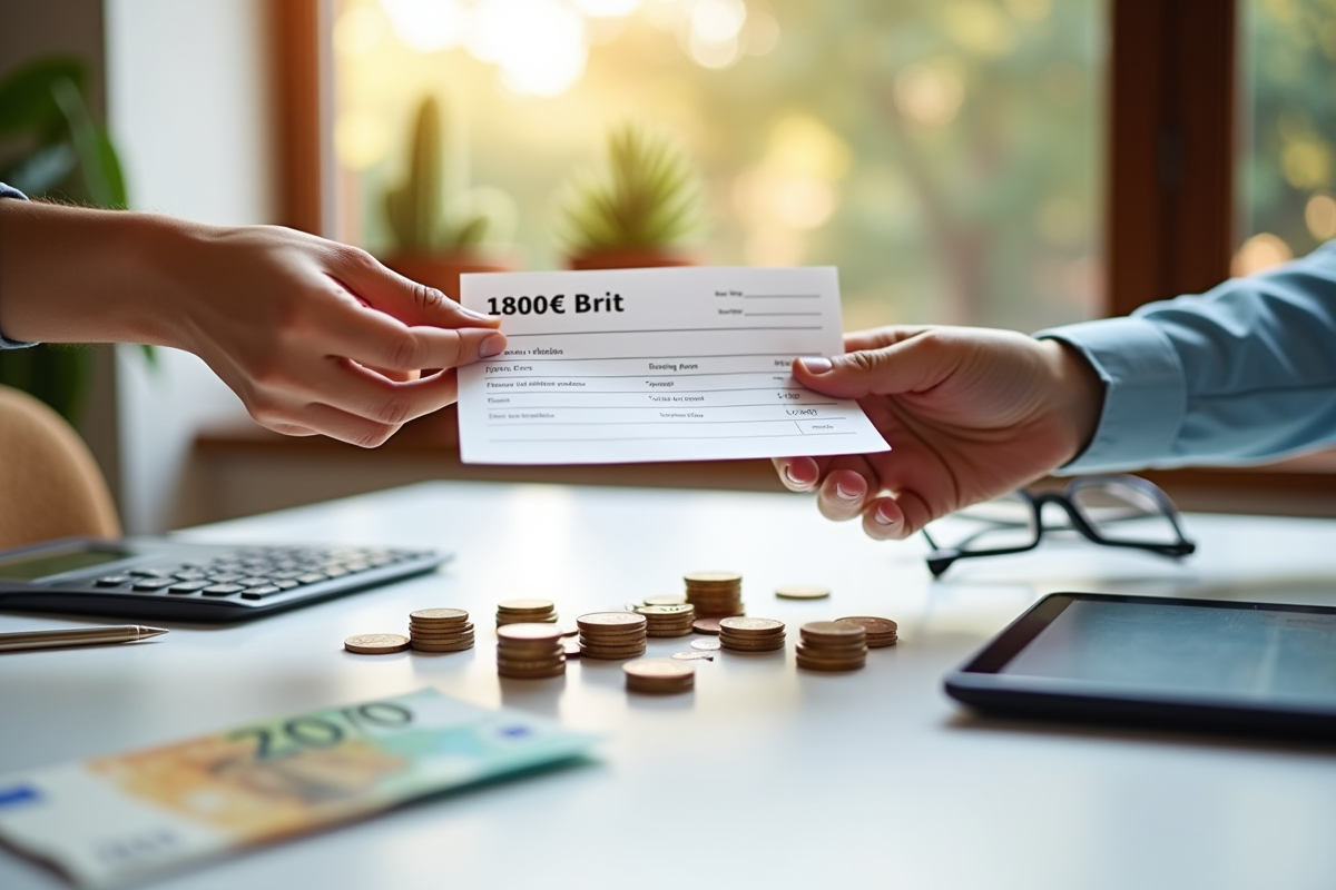 Echange de fiche de paie avec pièces et billets sur une table lumineuse