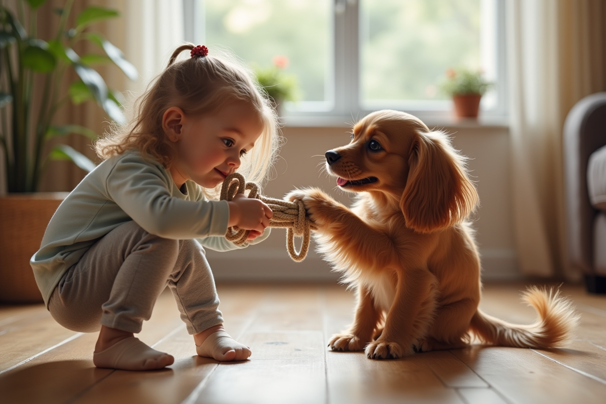Jeune fille jouant à tirer avec un chiot cocker en intérieur