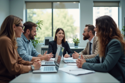 Équipe diversifiée collaborant dans un bureau lumineux
