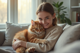 Jeune femme câlinant un chat hypoallergenique dans un salon lumineux