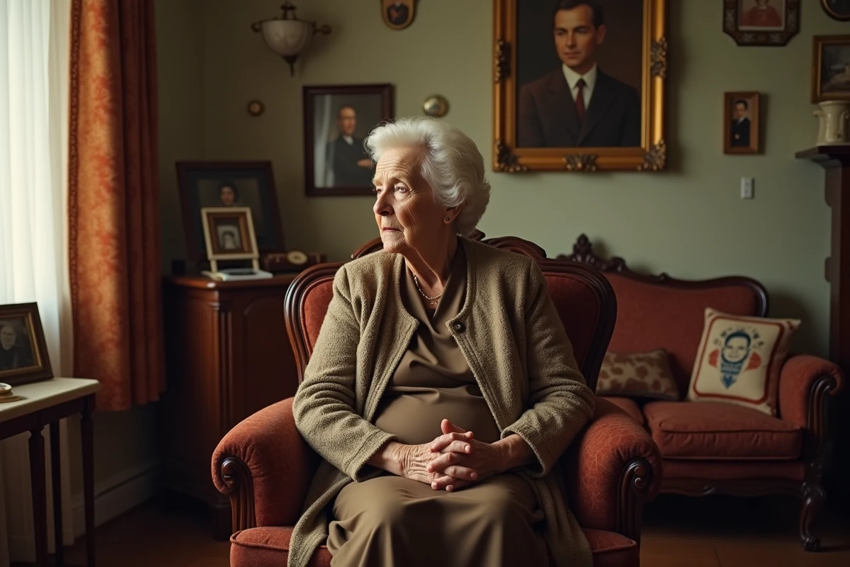 Femme âgée dans un salon décoré de souvenirs familiaux