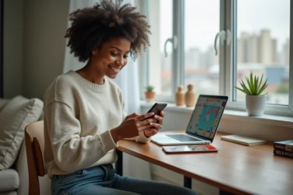 Jeune femme concentrée sur son smartphone dans un salon moderne