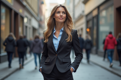 Femme confiante en blazer dans la ville animée