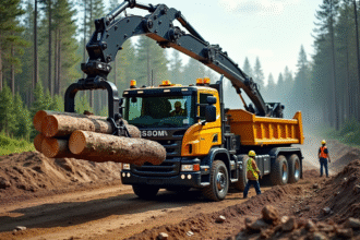 Grue moderne en forêt soulevant des troncs pour la construction
