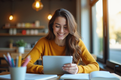 Jeune femme étudiant avec une tablette dans un café lumineux