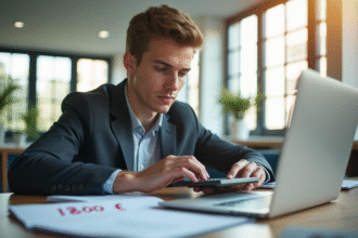 Jeune professionnel au bureau calculant son salaire avec un notepad