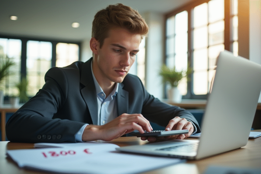 Jeune professionnel au bureau calculant son salaire avec un notepad