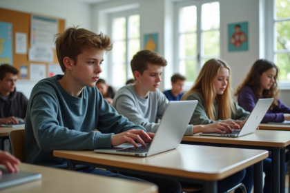 Jeunes lycéens en classe avec ordinateurs portables