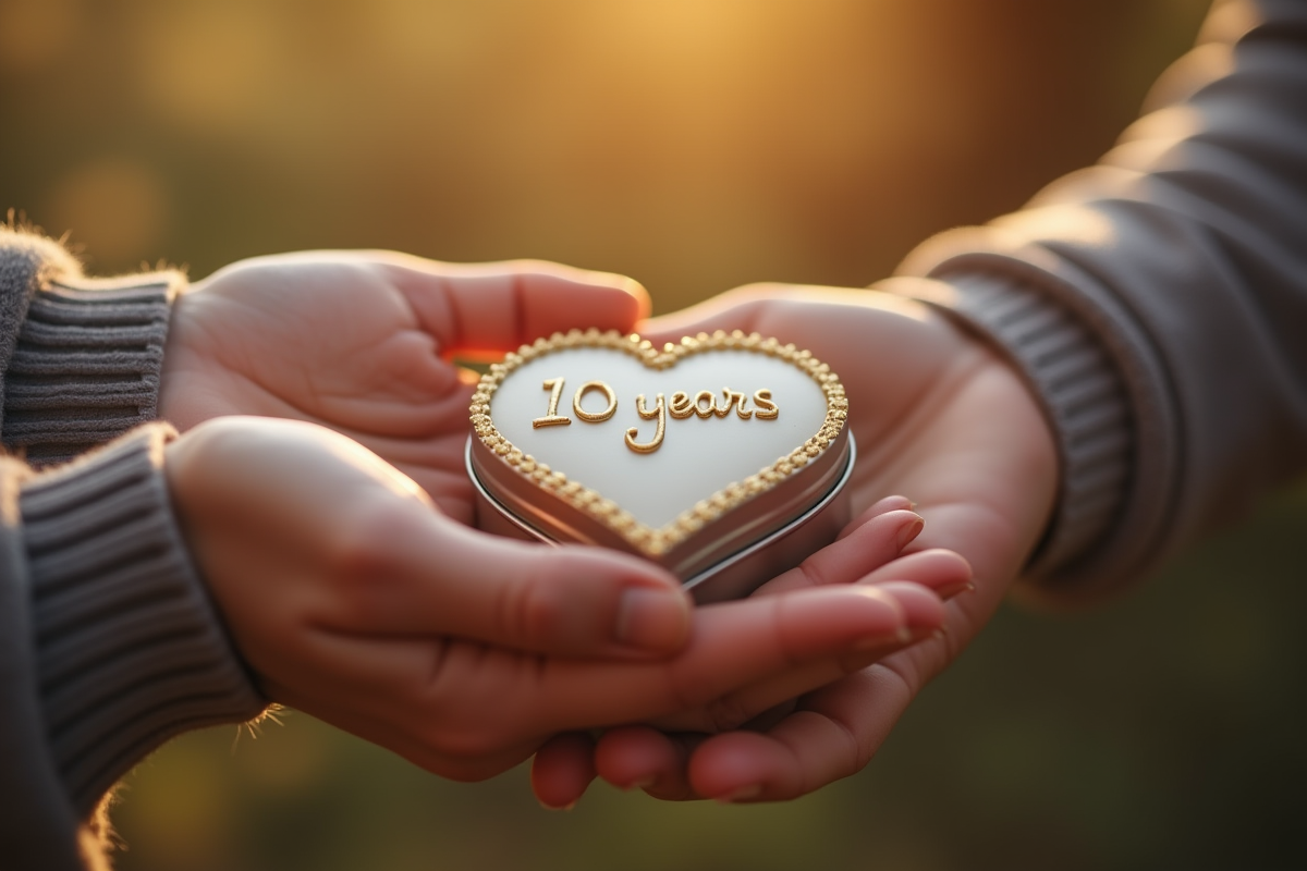 Gros plan sur deux mains tenant un petit cadeau en étain avec inscription 10 ans