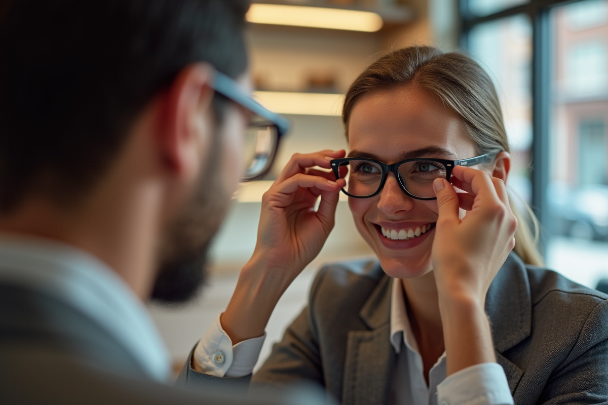 Opticien ajustant des lunettes pour un client souriant