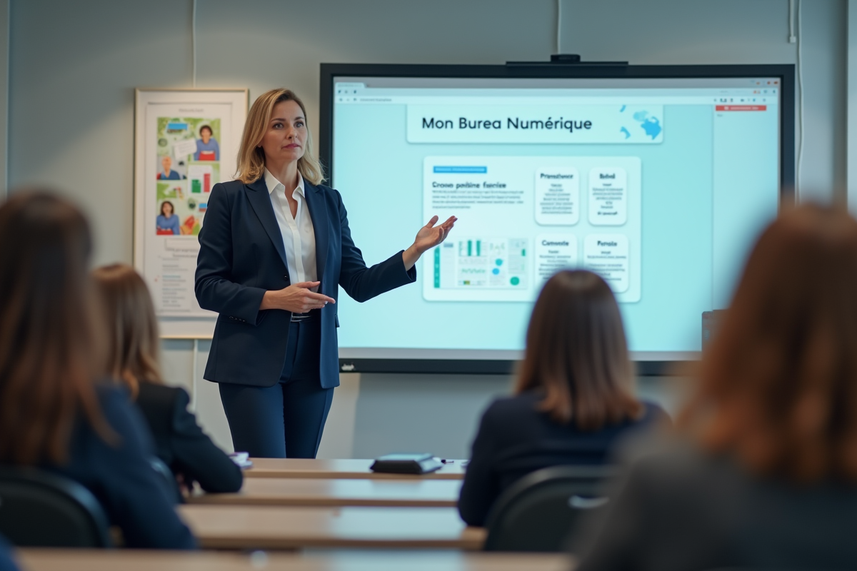 Professeure devant tableau interactif dans classe numérique