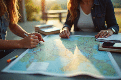 Deux voyageurs consultent une carte routière au repos