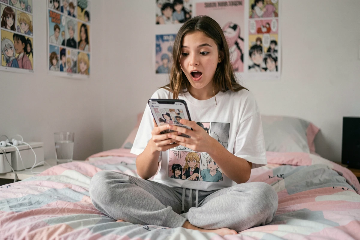 Adolescente lisant un scan One Piece sur smartphone dans sa chambre avec des posters manga au mur