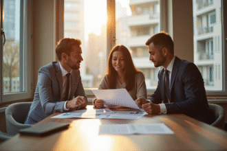 Agent immobilier et couple examinant un document dans un appartement lumineux