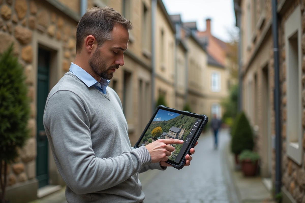 Agent immobilier consultant une carte parcellaire Géoportail sur tablette devant une maison en pierre à vendre