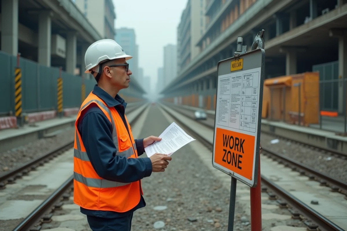 Agent de la RATP en gilet haute visibilité consulte les horaires du T3B près d'une zone de travaux