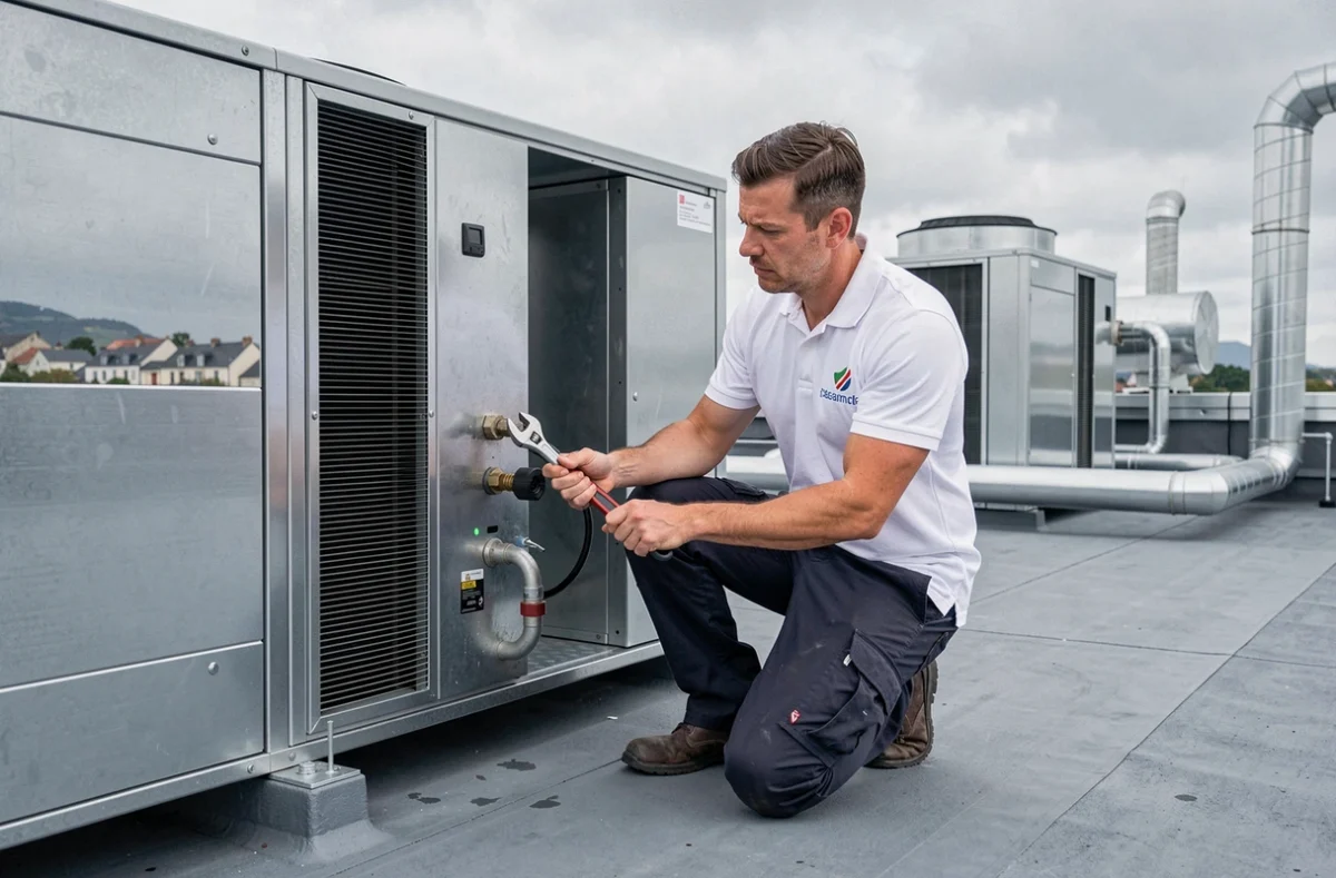 Technicien AIRMETIC travaillant sur une unité de traitement d'air sur un toit commercial dans le Finistère