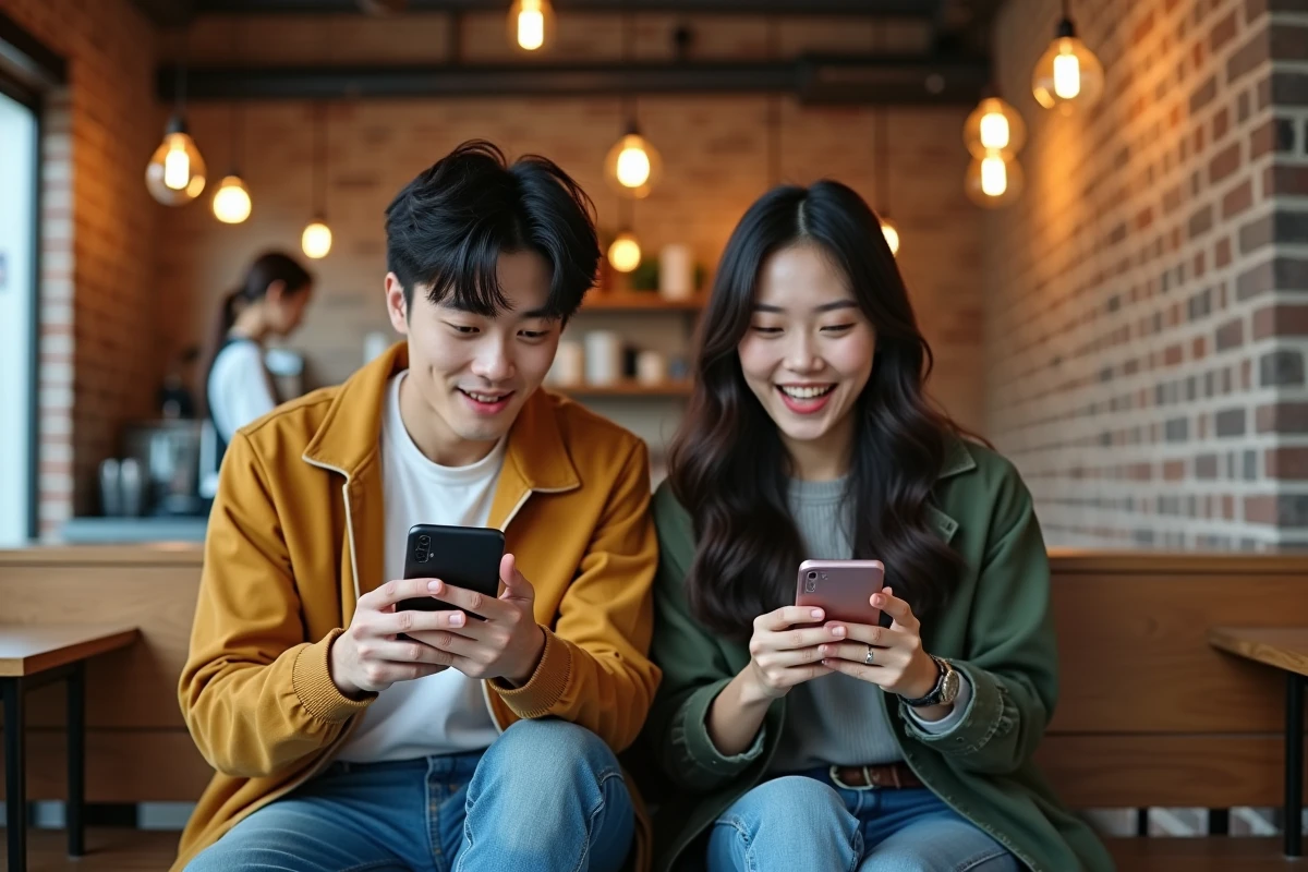 Deux amis dans un café comparant des chapitres de manhwa sur leurs smartphones avec des expressions de surprise
