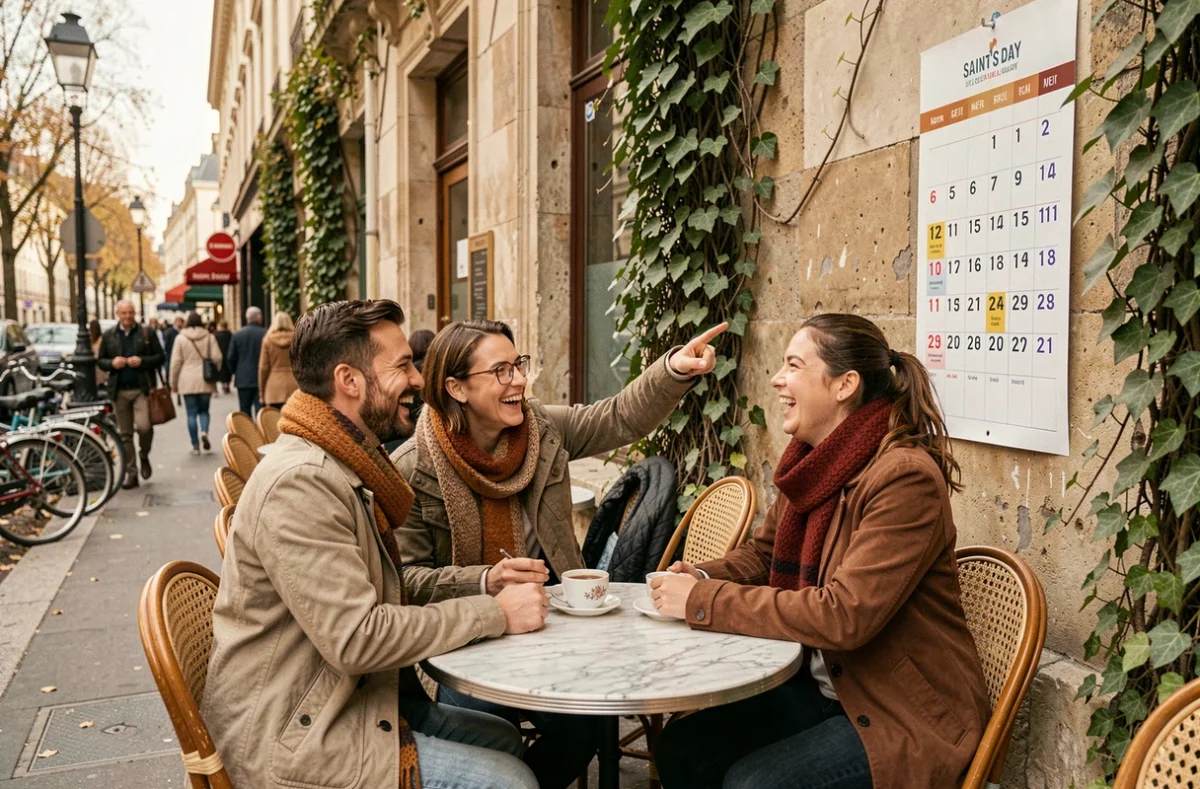 Groupe d'amis découvrant la fête du jour sur un calendrier affiché dans un café parisien en automne