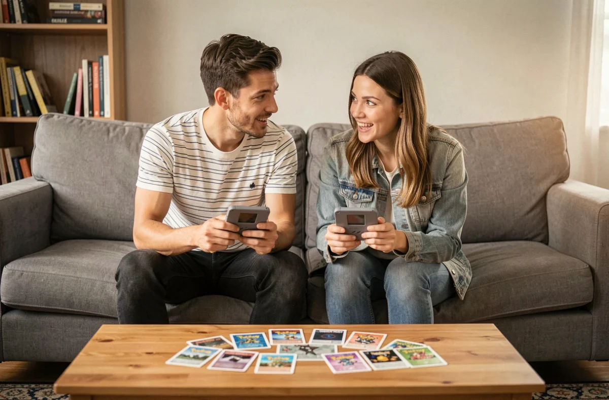 Deux amis comparant leurs équipes Pokémon de type Psy avec des cartes et consoles rétro