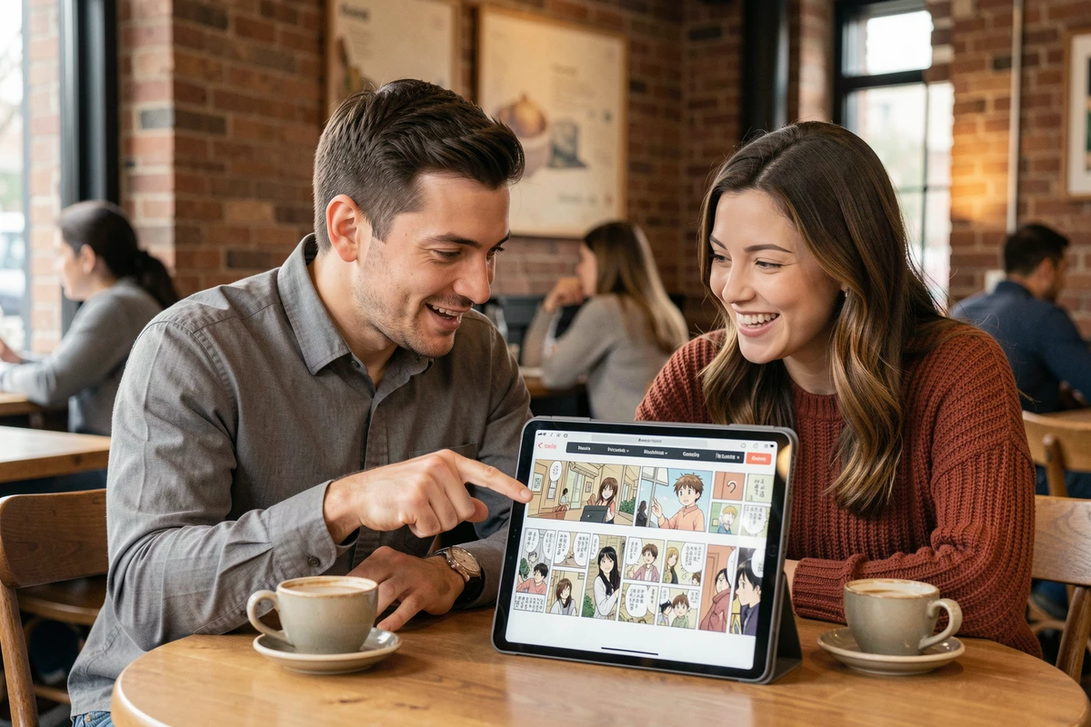 Deux amis adultes lisant ensemble un scan One Piece sur tablette dans un café, discutant avec enthousiasme