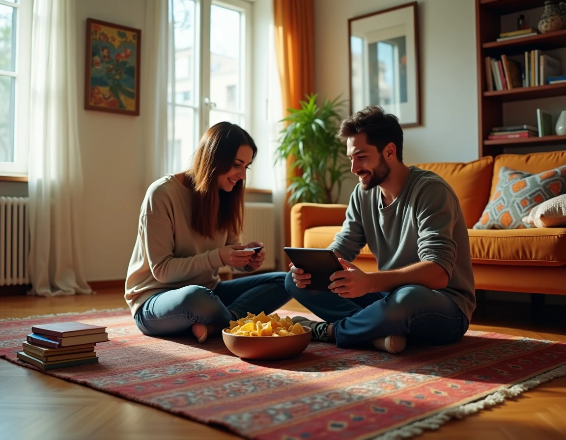 Deux amis regardant ensemble une série espagnole sur tablette assis sur un tapis coloré dans un appartement convivial