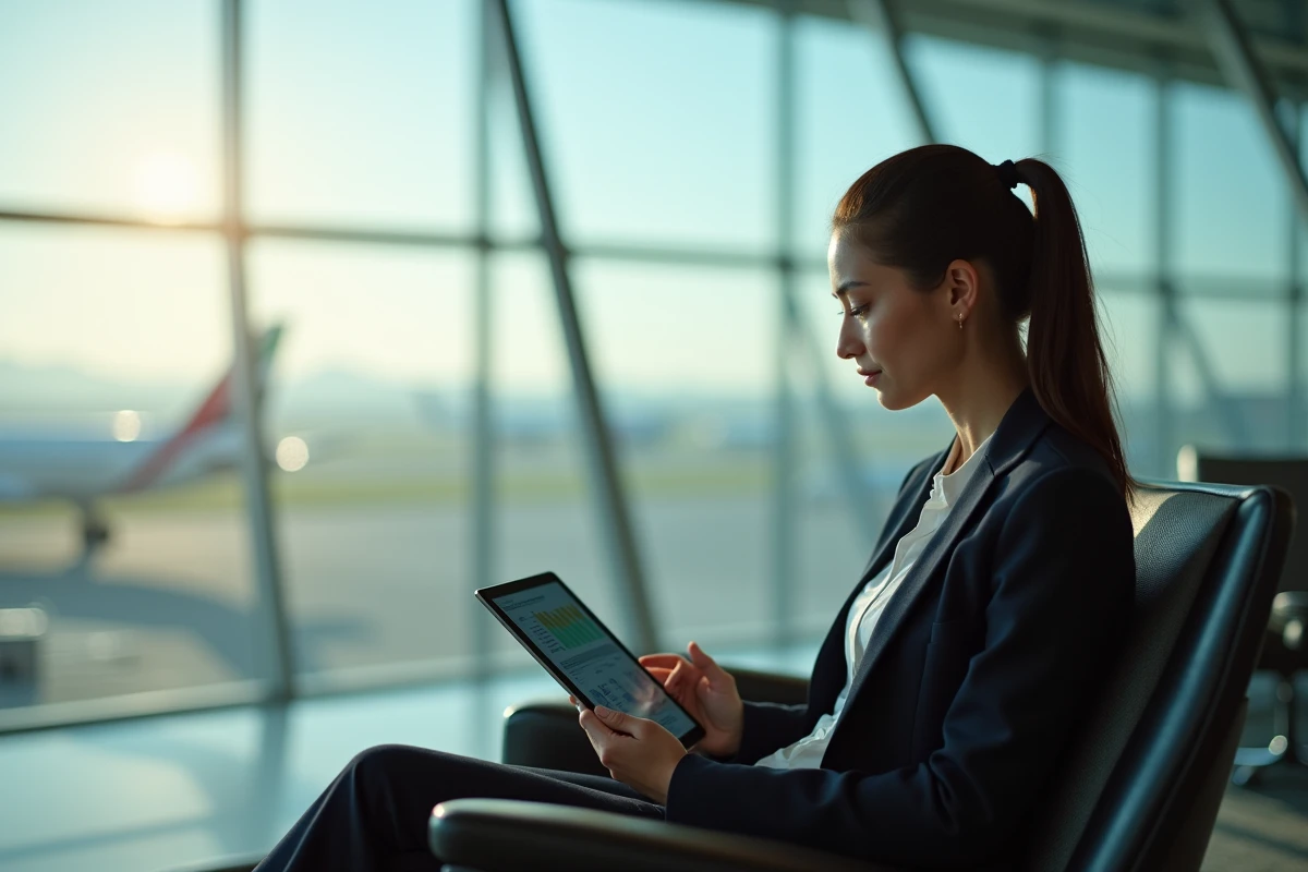 Jeune femme analyste aviation avec tablette dans lounge aéroport