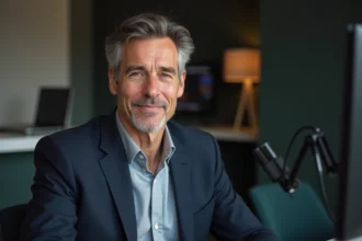 Animateur télévision dans un studio moderne, incarnant la frontière entre vie publique et vie privée