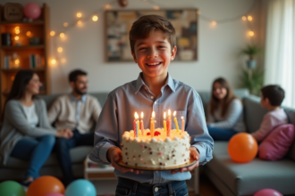 Garçon de 15 ans souriant avec gâteau d anniversaire