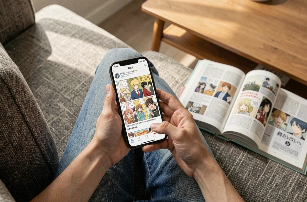 Mains tenant un smartphone avec une application manga en ligne à côté d'un guide de lecture manga physique sur un canapé