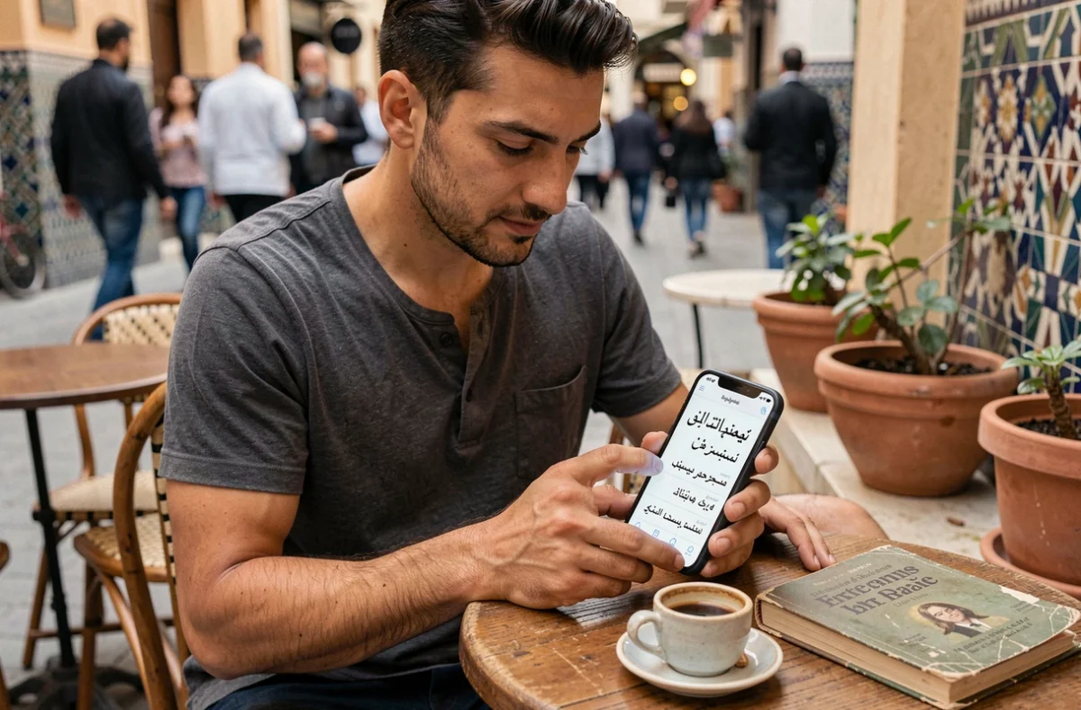 Homme consultant une application de traduction marocain français sur smartphone dans un café en terrasse