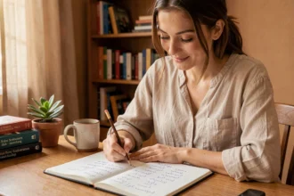Jeune femme apprenant le vocabulaire marocain en français dans un bureau à domicile avec un cahier de notes bilingue