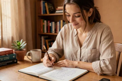 Jeune femme apprenant le vocabulaire marocain en français dans un bureau à domicile avec un cahier de notes bilingue