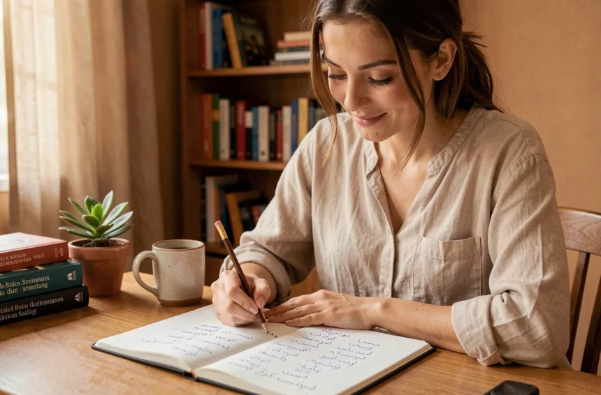 Jeune femme apprenant le vocabulaire marocain en français dans un bureau à domicile avec un cahier de notes bilingue