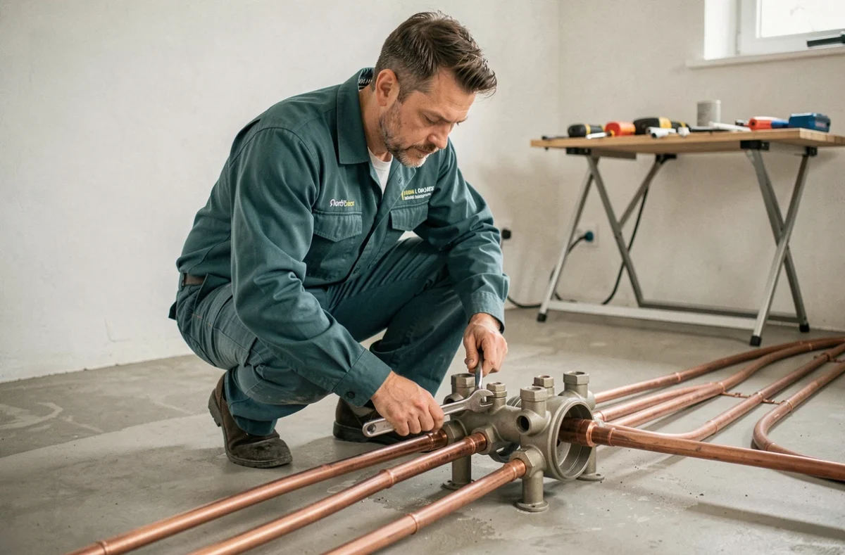 Technicien Aquaclim Service installant un collecteur de plancher chauffant dans la salle technique d'une maison bretonne