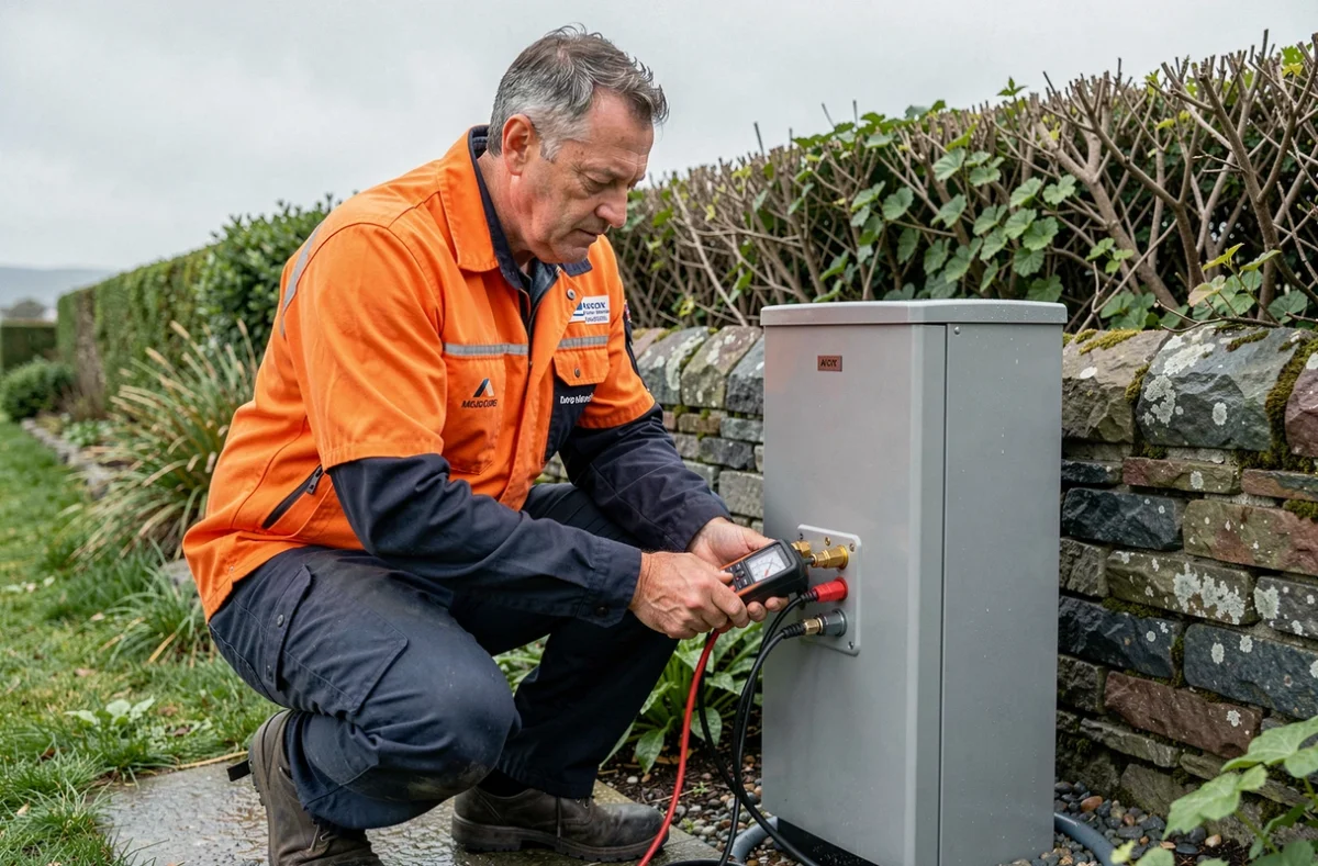 Technicien Armor Chauffage Plomberie vérifiant les connexions d'une pompe à chaleur géothermique dans un jardin breton