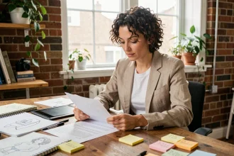 Artiste freelance féminine dans son studio à domicile révisant ses contrats et documents de statut professionnel