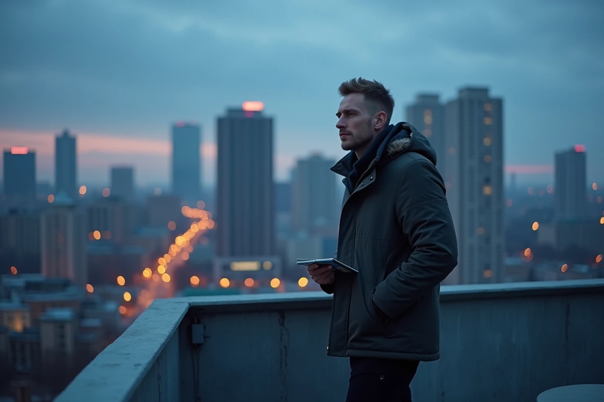 Artiste de musique urbaine sur un toit avec vue sur la ville au crépuscule, carnet à la main