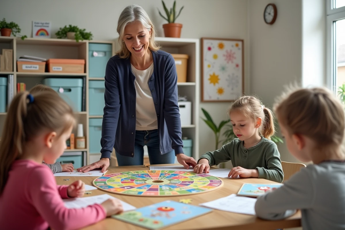 Assistante maternelle encadrant des enfants autour d'une table avec des jeux éducatifs lors d'une journée de grève scolaire dans un cadre de garde agréé