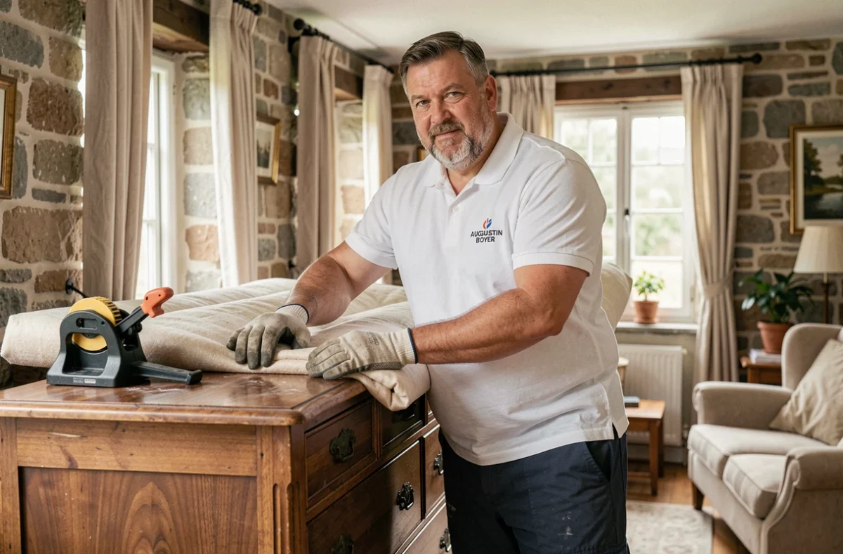 Déménageur Augustin Boyer enveloppant une commode ancienne dans une maison normande à Cherbourg