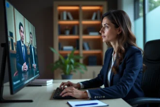 Avocate suivant à distance les sessions du congrès UINL Paris sur son ordinateur depuis son bureau professionnel